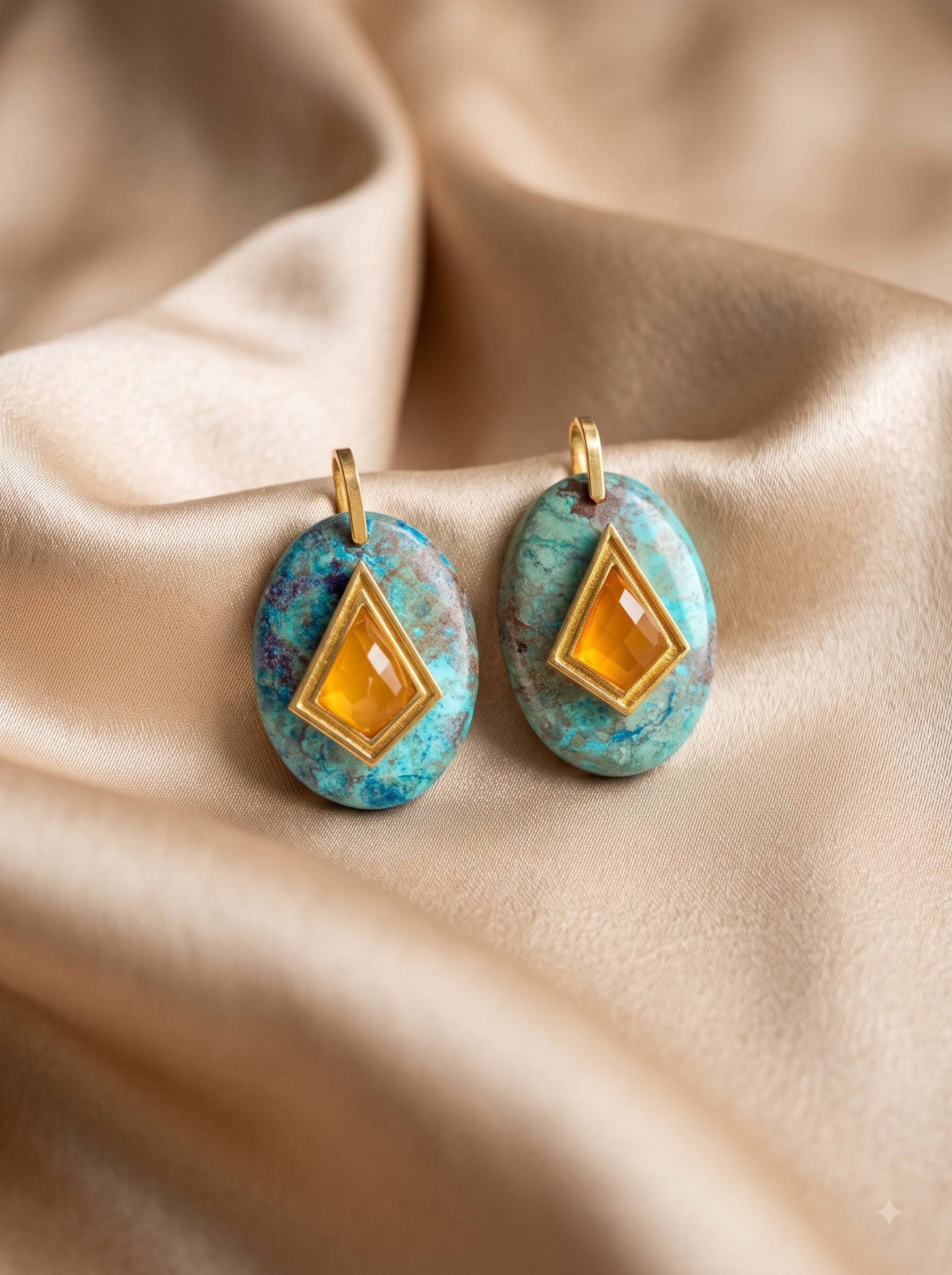 pendent oval shape semi precious real stones with 18K gold plating 30mm