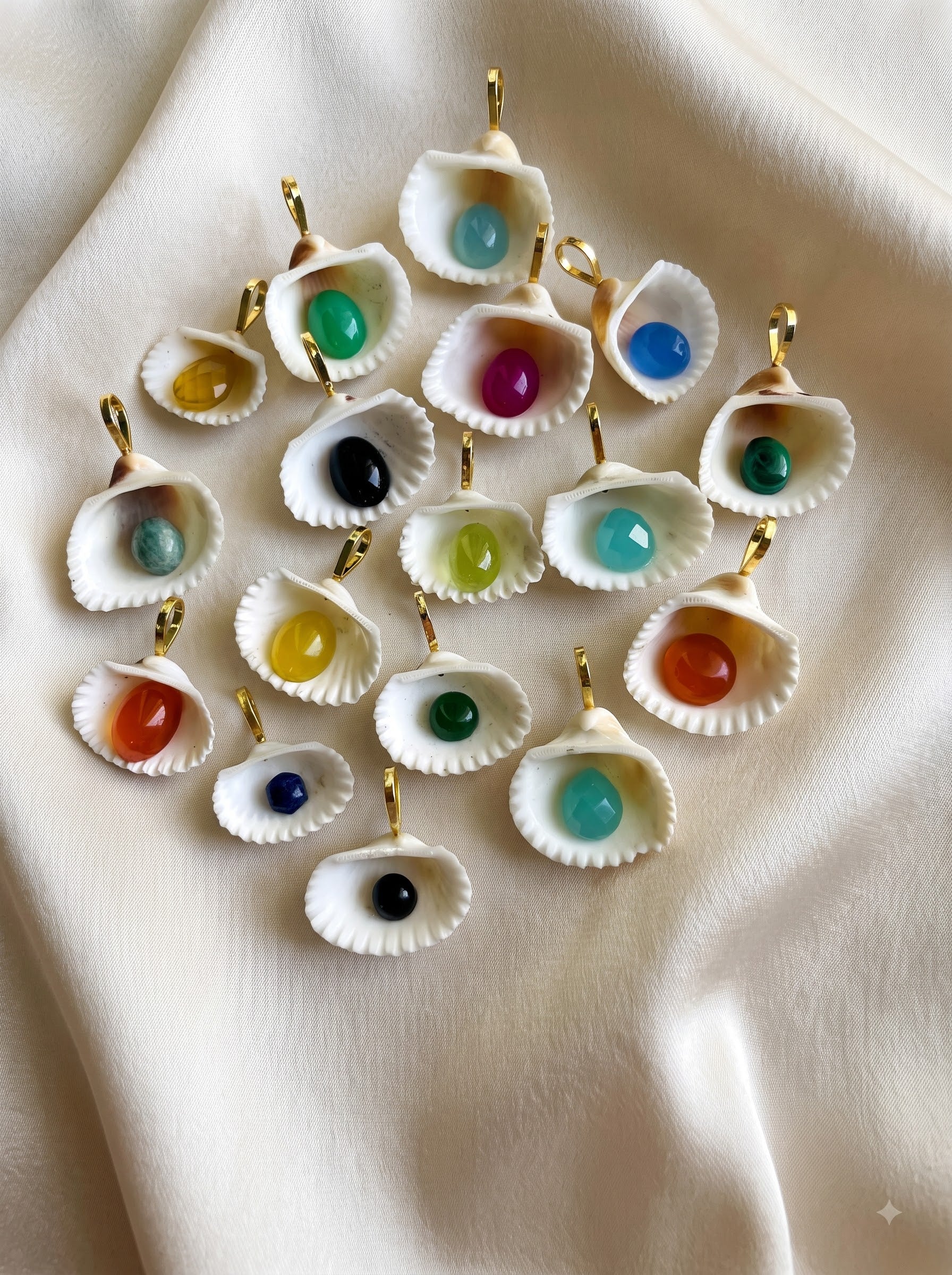 Mix shells center natural stone pendents with 18K gold filled hook and center semi precious stone lmited editions